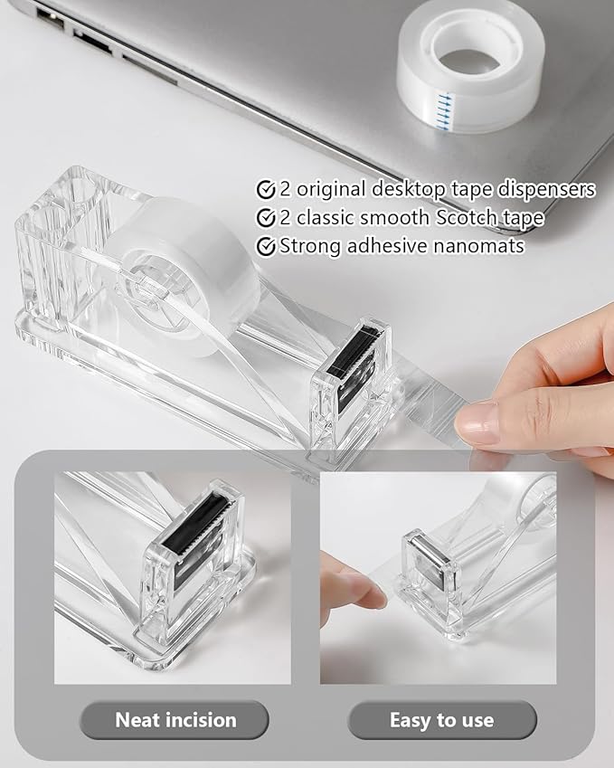 2-Piece Acrylic Tape Dispenser Desk - Durable, Stylish, and Versatile for Home, Office, or School - Fits Standard Tape Rolls - Desktop Convenience for Easy Organization（Silvery）