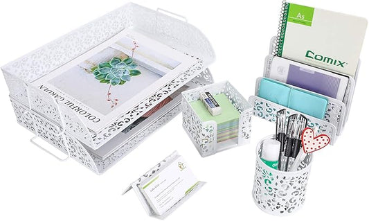 EasyPAG 5-Piece Desk Organizer Set with Carved Floral Design - No Assembly Stackable 2-Tier File Tray, Letter Sorter, Pen & Card Holders for Office/Home/Dorm, White