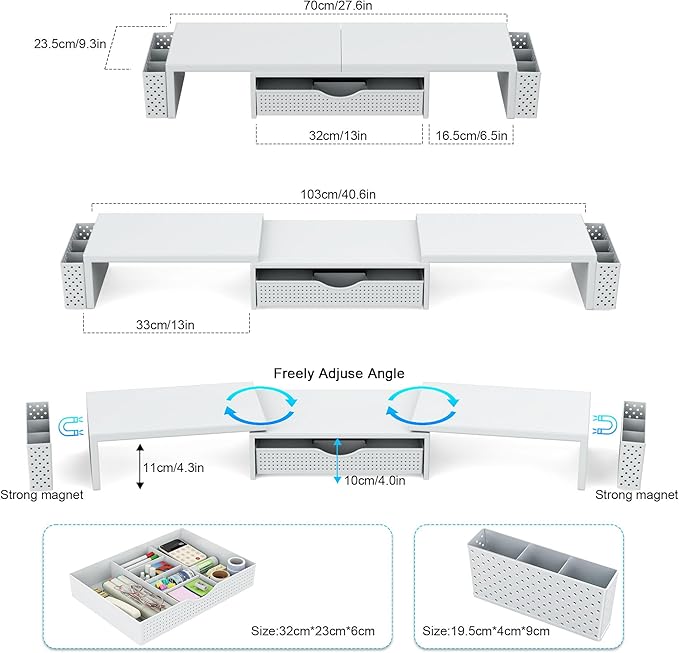 Spacrea Metal Desk Organizers and Accessories, Dual Monitor Stand Riser with Drawer and 2 Pen Holders, Desk Accessories & Workspace Desktop Organizers for Office Supplies (White)