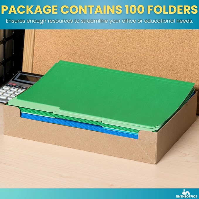 1InTheOffice Colored File Folders, Top-Tab File Folders, 3 Tab, 5 Assorted Colors, Letter Size, 100/Pack