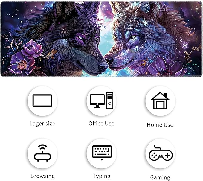 Desk Mat Large Gaming Mouse Pad (31.5x11.8 inch) with Stitched Edges, XL Mouse Pad +Coaster, Extended Mouse Mat Keybroad Mousepad Non-Slip Rubber for Gamer Men Women, Purple Magic Wolfs