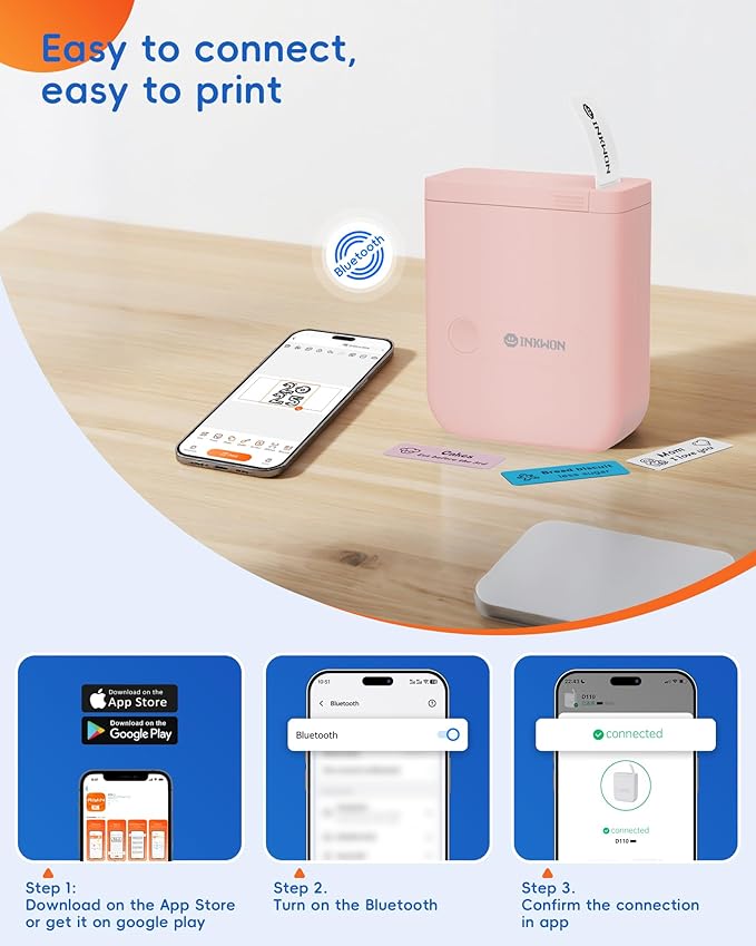 D110 Label Maker Machine with Tape, Bluetooth Mini Label Maker with Various Templates, Wireless Portable Small Label Printer for Home, Office, Schoo, Pink