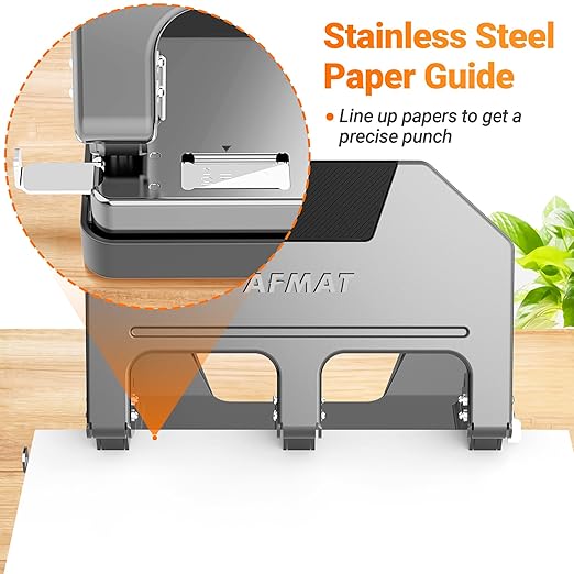 AFMAT HPX3 Heavy Duty 3 Hole Punch, 40-Sheet 3 Hole Puncher for Binder, Metal Three Hole Punch w/ 10,000+ Uses, 50% Reduced Effort, Bulit-in S.S. Paper Guide, Large Chip Tray, Gray