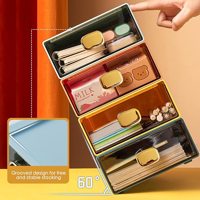 2PACK Stackable Storage Drawers for Desktop 6.5Wx9Lx3H Plastic Desk Organizer with Drawer Samll Storage Drawers for Desk Clear Storage Container for Hairpins, Cords, Markers(Orange, M-2 Drawer)