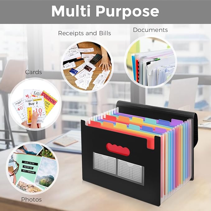 SKYDUE Accordion File Organizer, 13 Pocket File Folder Organizer with Colorful Tabs, Expanding Document Organizer for Letter A4 Size for Office School Use Black