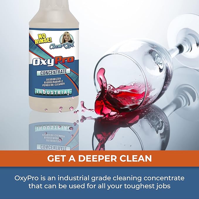 Chem-Girl OxyPro Concentrated Multi-Purpose Surface Cleaner to the Rescue - Chlorine-Free, Oxygen-Powered Stain & Odor Remover, 5 Percent Hydrogen Peroxide (H2O2), 1 Quart, 2-Pack