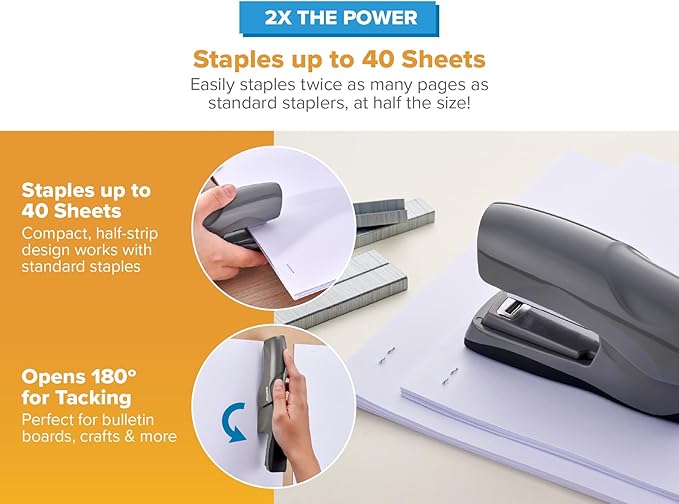 Bostitch Office Heavy Duty 40 Sheet Stapler with 1250 Staples & Claw Remover, Small Stapler Size, Fits into The Palm of Your Hand, Value Pack, Gray (B175-GRAY-VP)
