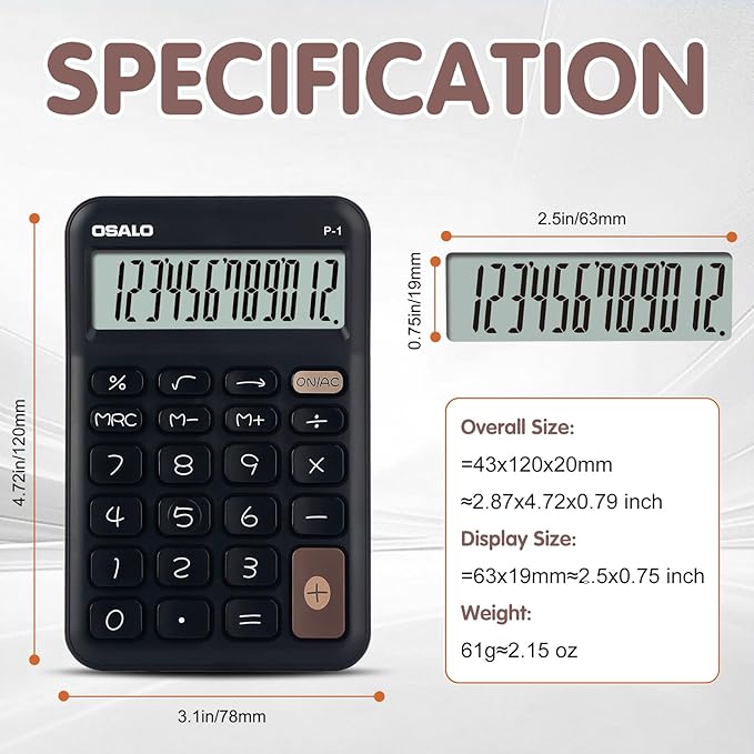 Pendancy Small Desk Calculator Cute, 12 Digit LCD Display, Basic Function, Auto-Sleep, 4.7"x2.9" Pocket-Sized Design Handheld Calculators Desktop, for Office, School, Business & Travel(OS-P1 Black)