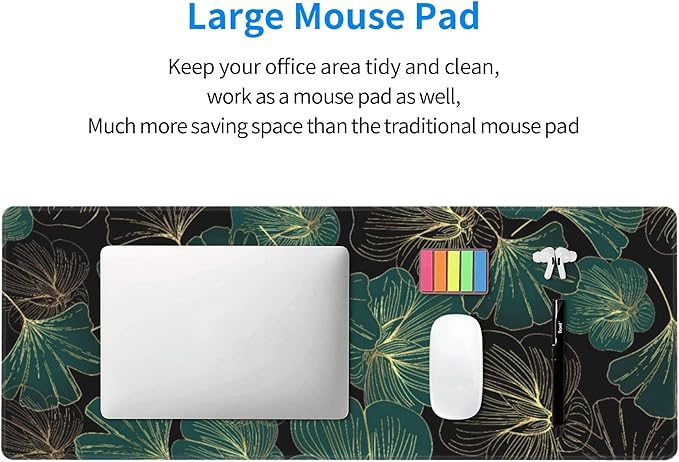 Ginkgo Leaf Large Mouse Pad, Gaming Desk Mat, XL Keyboard Desk Pad Mat for Desktop, 31.5"x11.8" Non-Slip Base Big Mousepad with Stitched Edges