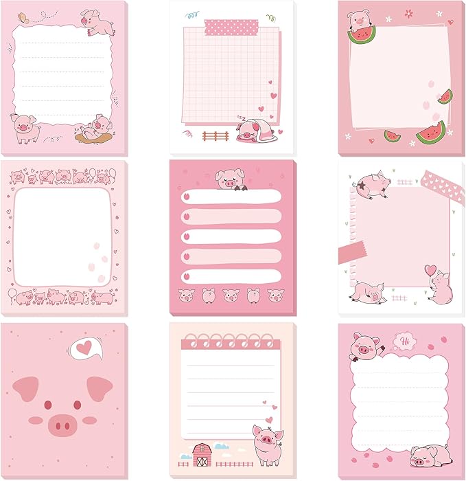 Sabary 9 Pads Cute Sticky Notes Animal Sticky Note Pads 3.15 x 3.94 Inches Colored Adhesive Memo Reminder Decor for Journal School Office Gifts (Pink Pig)