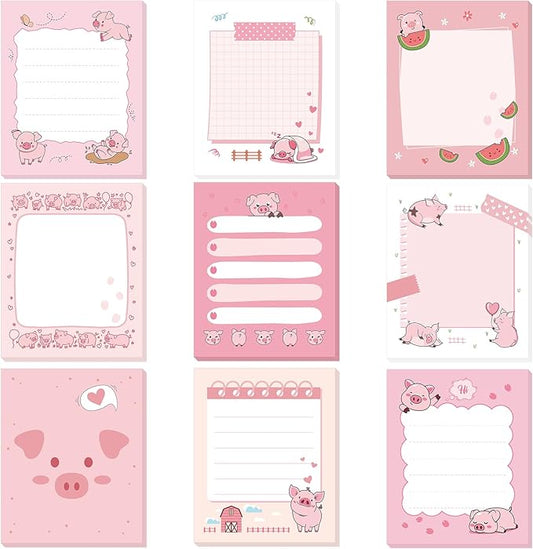 Sabary 9 Pads Cute Sticky Notes Animal Sticky Note Pads 3.15 x 3.94 Inches Colored Adhesive Memo Reminder Decor for Journal School Office Gifts (Pink Pig)