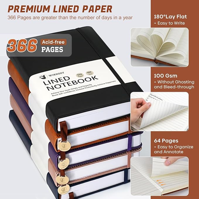 Lined Journal Notebook, 366 Pages, 100Gsm Leather Hardcover Journals for Writing Thick A5 College Ruled Classic Notebook with Pen Loop, Daily Journal for Women Men Travel Business Work Office