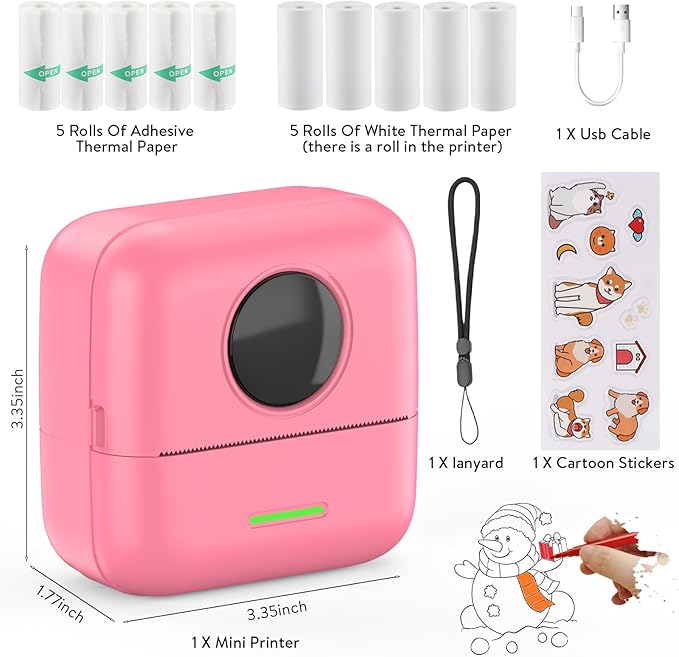HuiJuKeJi Mini Sticker Printer Bluetooth Smart Pocket Inkless Thermal Printer with 11 Rolls Thermal Paper and Sticker for iOS&Android, Portable Receipt Printer for Photo Note Memo (Rose)