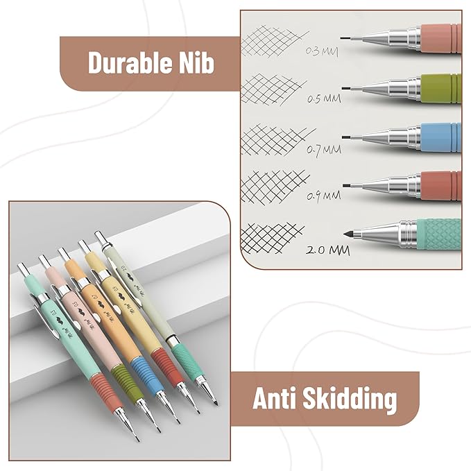 Mr. Pen- Mechanical Pencil Set, 5 Sizes, 0.3, 0.5, 0.7, 0.9, 2mm, Anti Skidding Grip Cute Mechanical Pencils