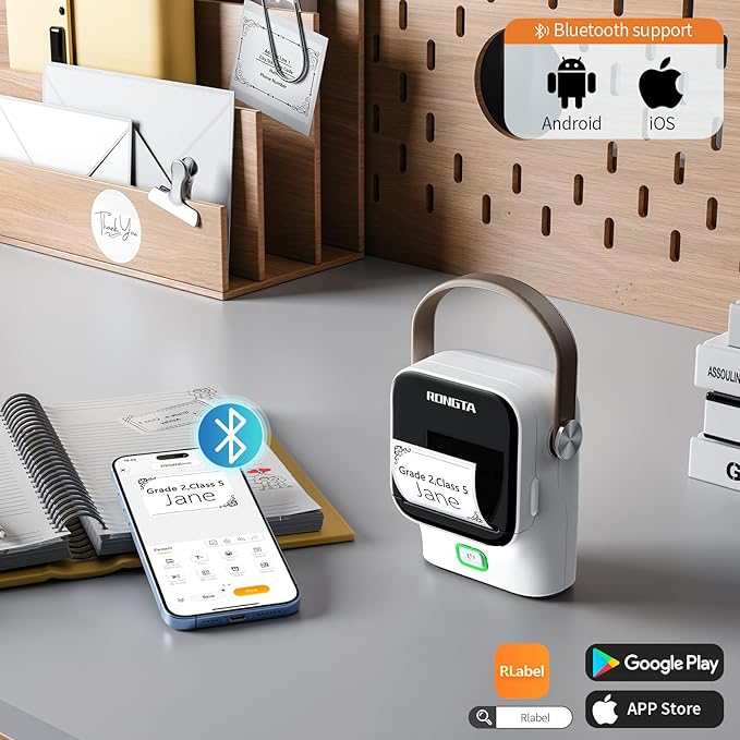Rongta Bluetooth Label Maker Machine with Tape,Portable Wireless Labeler Machine,Handheld Sticker Maker for Barcode Labels,Home School Supplies,USB Rechargeable,Compatible with iOS/Android, White