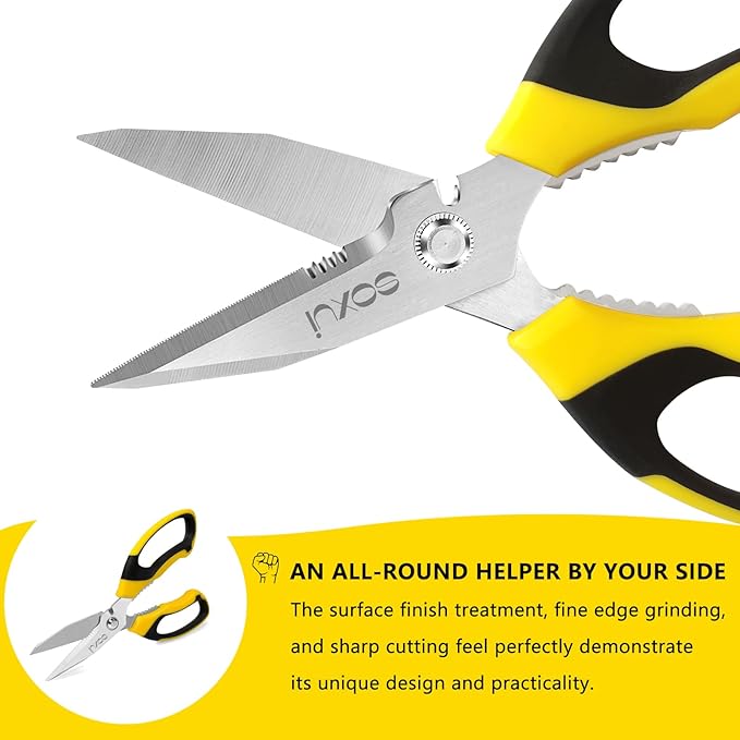 8-Inch Heavy Duty Scissors – Ultra Sharp Stainless Steel Shears with Serrated Edge & Protective Cover, Ideal for Cardboard, Wire, Fabric & More (Yellow)