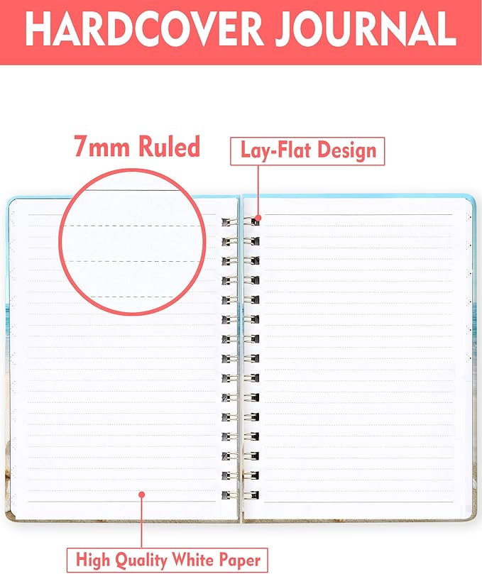 Spiral Journal Notebook for Women, Hardcover A5 College Ruled Notebook, 60 Sheet, Thick Paper, Cute Lined Journal for School, Office & Work, 6 x 8.4 in(Beach)
