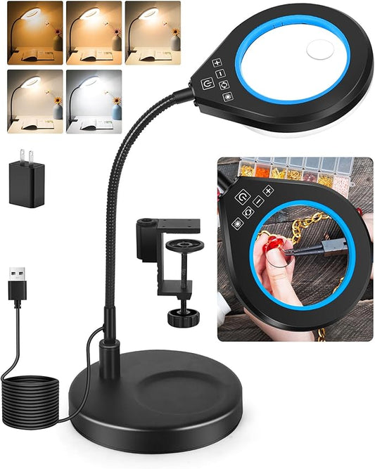 Flexible Gooseneck 2-in-1 Magnifying Glass with Light and Stand,10x & 5x Real Glass Lens Magnifying Lamp, 5 Color Stepless Hands-Free LED Desk Lamp with Clamp for Painting, Crafts, Reading (Blue)