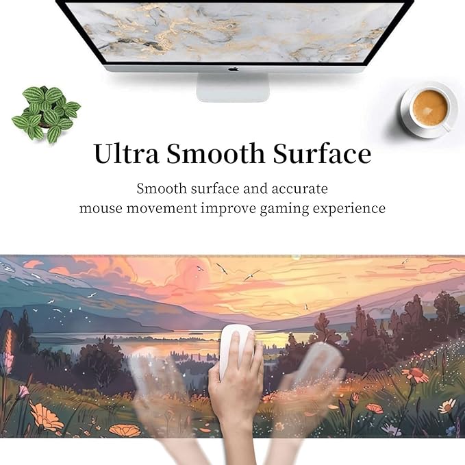 Hill Side Wildflowers Gaming Mouse Mat Extended Large XL Mouse Pad Desk Mat Non-Slip Rubber Mice Pads Stitched Edges for Office and Home,31.5 X 11.8 X 0.12 Inches