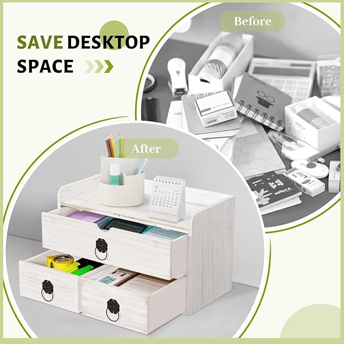 Wood Desk Organizer with Drawer, White Wooden Desktop Organizer, Tabletop Storage Organization Box for Countertop, Home Office Supplies (3 Drawer and Shelf)