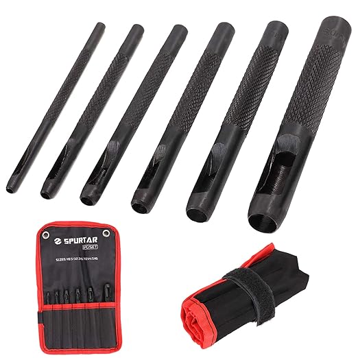 Spurtar Hollow Punch Set 6 Pieces Heavy Duty Round Leather Hole Punch Kit 1/8" 5/32" 3/16" 7/32" 1/4" 5/16" Belt Puncher for Leather Gaskets Cloth Watch Belts with Storage Bag