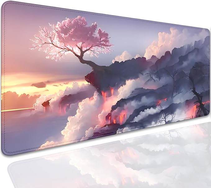 Volcano and Cherry Blossoms Desk Pad Mouse Pad,Large Nature Mouse Mat with Stitched Edges,Non-Slip Rubber Base Mousepad for Office PC Keyboard Laptop and Home Work Desk Mat(27.5X11.8 in)