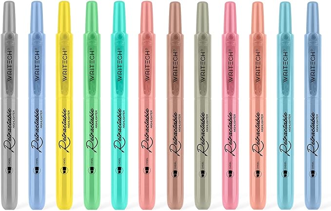 WRITECH Retractable Highlighters Assorted Colors: Chisel Tip Click Aesthetic Highlighter Marker Pens Pack Multi Colored Ink No Bleed Smear for Highlighting Journaling (12ct Mild+Vintage)