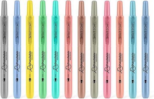 WRITECH Retractable Highlighters Assorted Colors: Chisel Tip Click Aesthetic Highlighter Marker Pens Pack Multi Colored Ink No Bleed Smear for Highlighting Journaling (12ct Mild+Vintage)