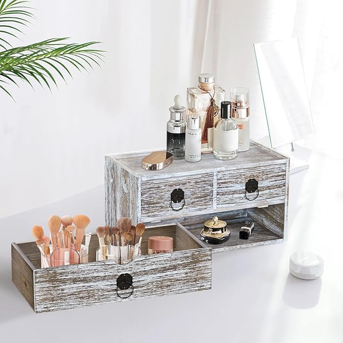 Washed Brown Wood Desk Organizer, Desktop Organizer with Drawers, Mini Tabletop Storage Organization Container for Home Office Supplies, No Assembly Required (3 Drawer)