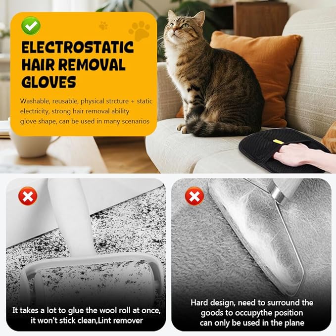 3Pcs Pet Hair Removal Glove, Electrostatic Hair Removal Glove for Cats and Dogs, Reusable Hair Remover for Couch, Carpet, Car Seat, Laundry Clothing Quick Cleaning Tool for Pet Owners (#3)
