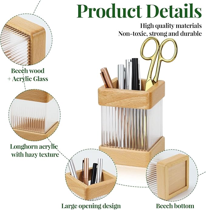 MultiBey Beech Wooden Pencil Holder, Clear Acrylic Wood Pen Holder, Modern Pen Cup Organizer Stand Wood Desk Accessory Organizer for School Office Home Supplies