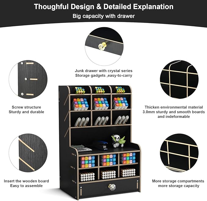 Marbrasse Wooden Desk Organizer, Multi-Functional Pen Holder, Desktop Stationary Organizer, Storage Rack for School Home Office Art Supplies (B16-Black)