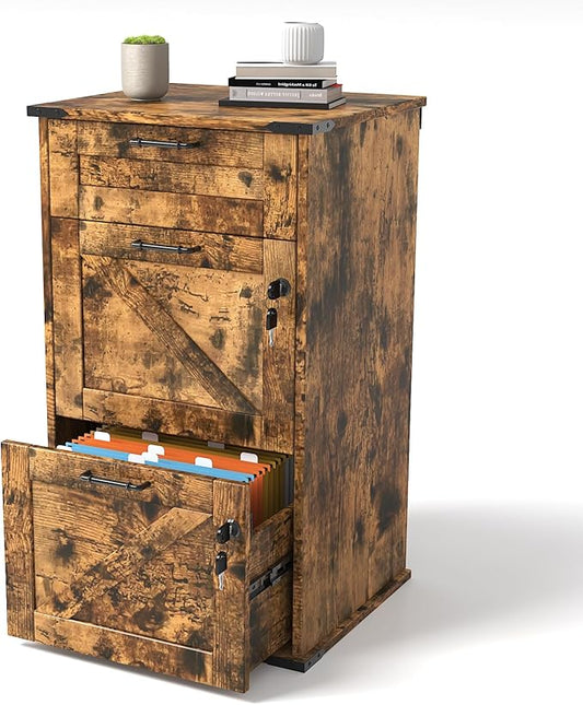 VINGLI 3 Drawer File Cabinet with Lock, Home Office Filing Organizer, for Letter Size File Folder Storage, Modern Farmhouse Style, Wood Vertical Filing Cabinet, Archivador (Rustic Brown)