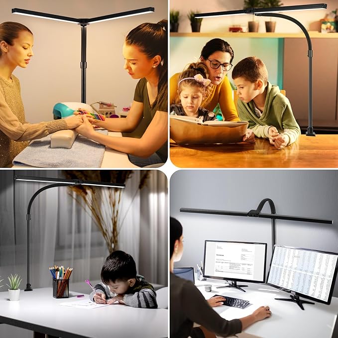 LED Desk Lamp for Office Dorm Home - Eye Caring Desk Light with Timer, Remote Control 24W 5 Color Brightest Dual Screen Computer Monitor Gooseneck Dimmable Table lamp with Anti-Glare Cover Clamp