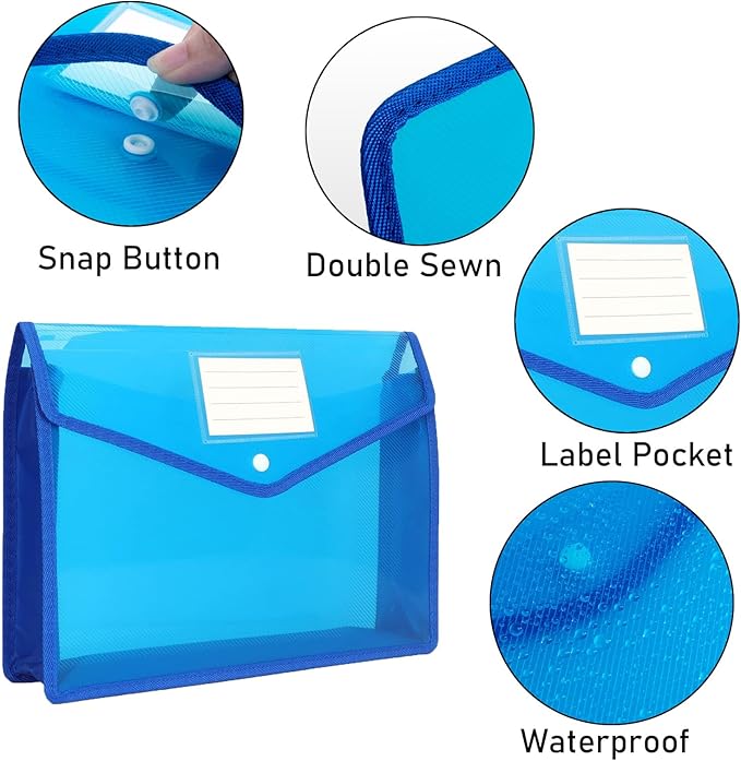 Plastic File Folder, 9 Pcs Large-Capacity Poly Envelope Expanding Wallet Document Folder Letter Size A4 Accordion File Pouch with Label Pocket, Snap Button for School Home Work Office Organization