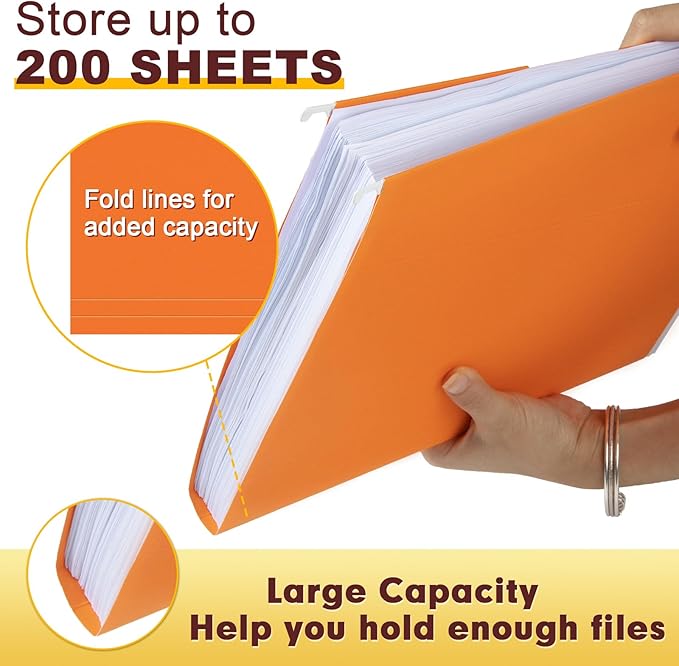 HERKKA Hanging File Folders, 30 Pack Reinforced Letter Size Hanging Folders, Designed for Bulky Files, Filing Cabinet, 1/5-Cut Adjustable Tabs (Orange)