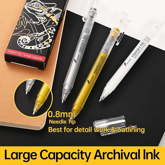 Silver Gel Pens, 0.8mm Fine Point Gel Ink Pen Set for Artists – Opaque Archival Ink for Black Paper Drawing, Card Making, Journaling Pack of 3