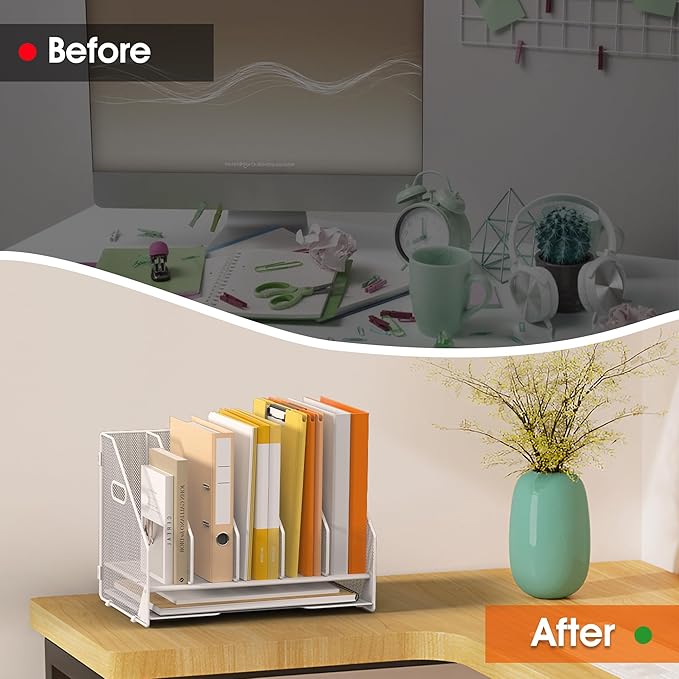 Desk File Folder Holder Organizer-5 Vertical Compartments Racks and Paper Letter Tray,Mesh Magazine File Holder Sorter,Desktop Accessories & Workspace Organizers for Home,Office,School-White