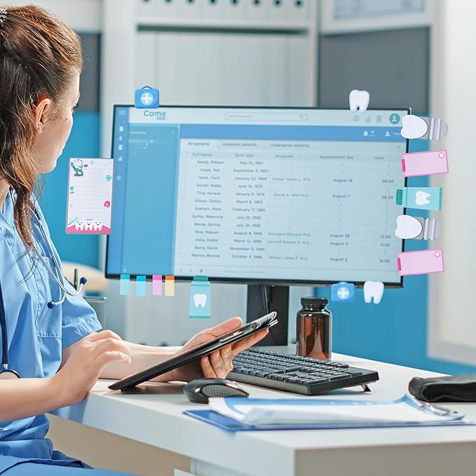 B1ykin Sticky Notes Set - Cartoon Theme Cute Self-Stick Notes Pad Teacher Appreciation Gifts， Self-Adhesive Writing Memo Pages Sticky to Do Notepad for Kids Employee School Office (Dentist)