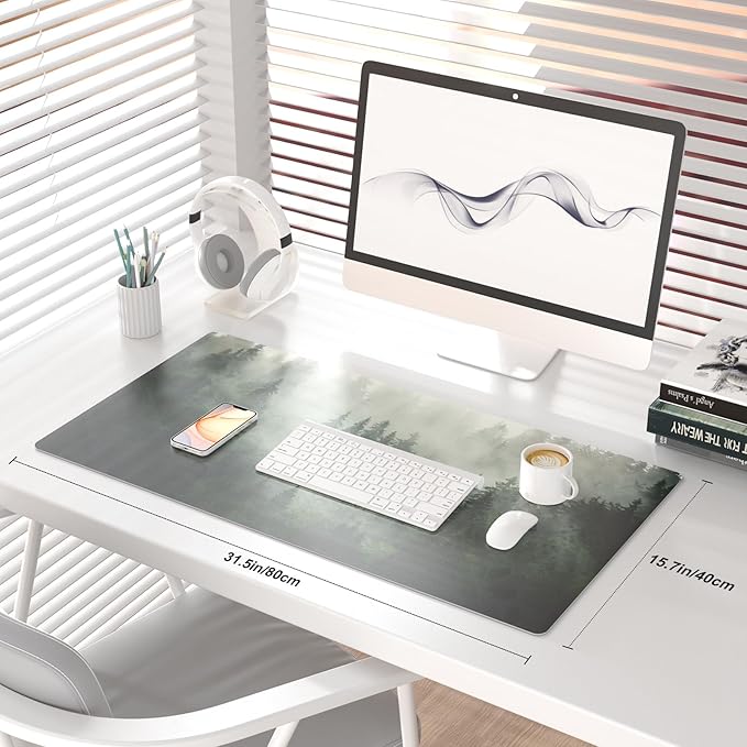 QIYI Large Mouse Pad, Extended Desk Mat for Desktop, PU Leather Waterproof Gaming Mousepad, Computer Desk Accessories Protector Writing Pads for School Office Home 31.5" x 15.7" - Misty Forest
