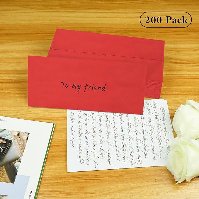 200 Pack #10 Business Envelopes, Red Standard Envelopes Self Seal, Letter Size Mailing Envelopes for Checks Letters Invoices Statements Christmas Birthday Graduation Wedding, 4 1/8 x 9 1/2 Inch