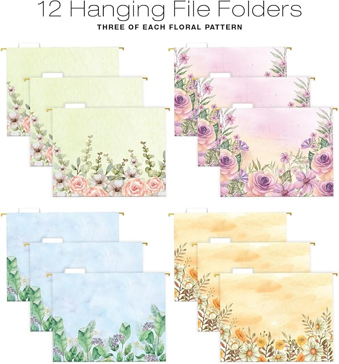 Global Printed Products Deluxe Designer Hanging File Folder Kit, Includes Metal Hanging Basket, 12 Hanging Folders, 24 File Folders, 1/3 Cut Tab, Assorted Positions, Letter Size (Watercolor Floral)