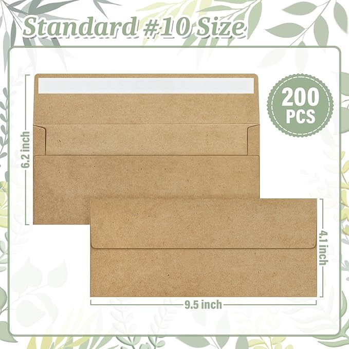 200 Kraft #10 Business Envelopes, Self Seal Standard Envelopes, Windowless Business Mailing Envelopes for Office, Checks, Letters, Invoices, Statements, Wedding, 4-1/8 x 9-1/2 inch