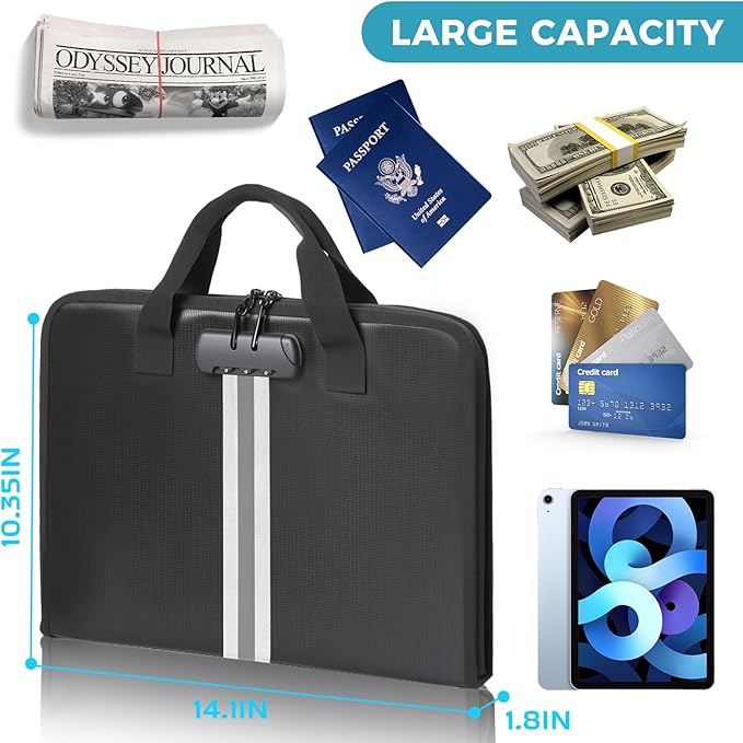 Accordion File Organizer with Combination Lock,Fireproof Expanding File Folder with Multi Pockets,13 Pockets Document Organizer with Handle & Labels,Portable Home Travel Safe Storage Letter A4 Files