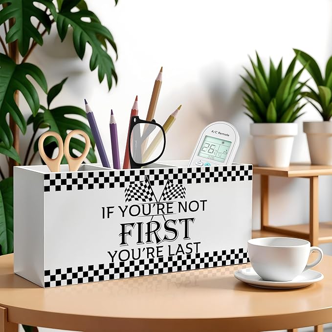 Racing Checkered Inspirational Pencil Pen Holder for Desk, If You're Not First You're Last Wooden Pencil Holder Organizer for Home Office Desk Accessories, Motivational Gifts for Men