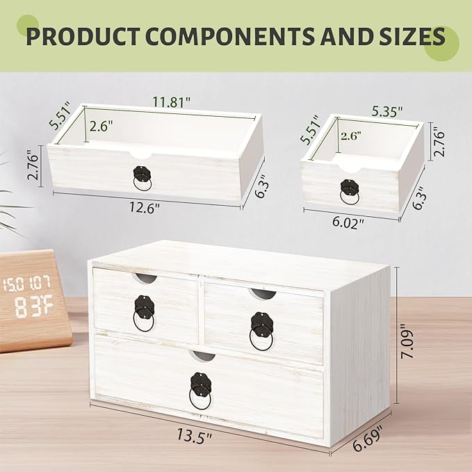 Wood Desk Organizer with Drawer, White Wooden Desktop Organizer, Tabletop Storage Organization Box for Countertop, Home Office Supplies (3 Drawer)