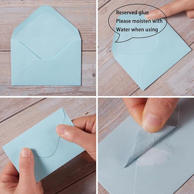 100 Pack Mini Envelopes with Note Cards in 5 Colors for Wedding, Birthday, Baby Showers, 4 x 2.7 Inches (Blue)