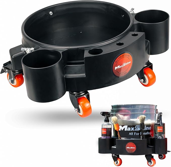 Maxshine Rolling Bucket Dolly (Black) | Heavy-Duty Polypropylene with 4 Swivel Wheels, 2 Shelves & 6 Compartments | Secure Fit, Spill-Free Design for Car Wash & Auto Detailing Organization