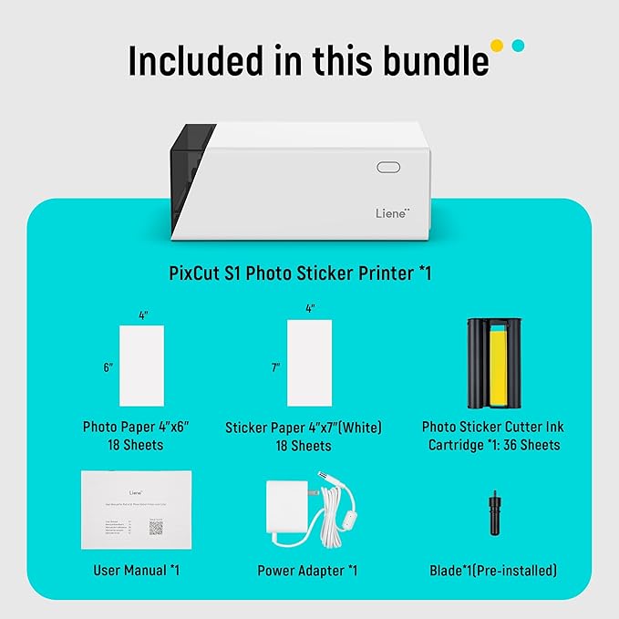 Liene PixCut S1 Color Sticker Printer & Cutting Machine - All-in-One Sticker Maker for DIY Crafts, Custom Labels & Gifts. Thermal Dye-Sublimation Photo Printer, 300 DPI, Precise AI Auto-Cutting