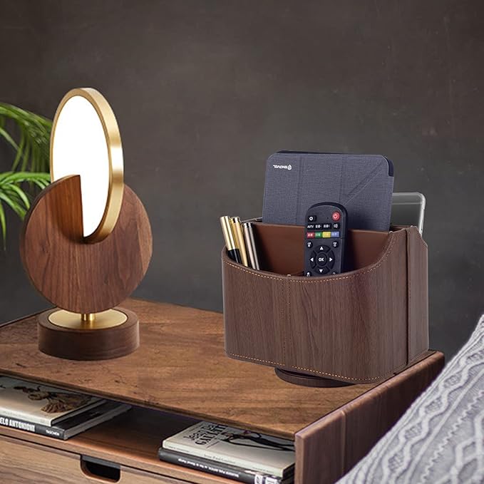 Brown 360 Degree Swiveling TV Remote Control Holder/Caddy, Leather Desk Organizer for Office and Home Furniture Decoration Storage Box(Dark wood grain)